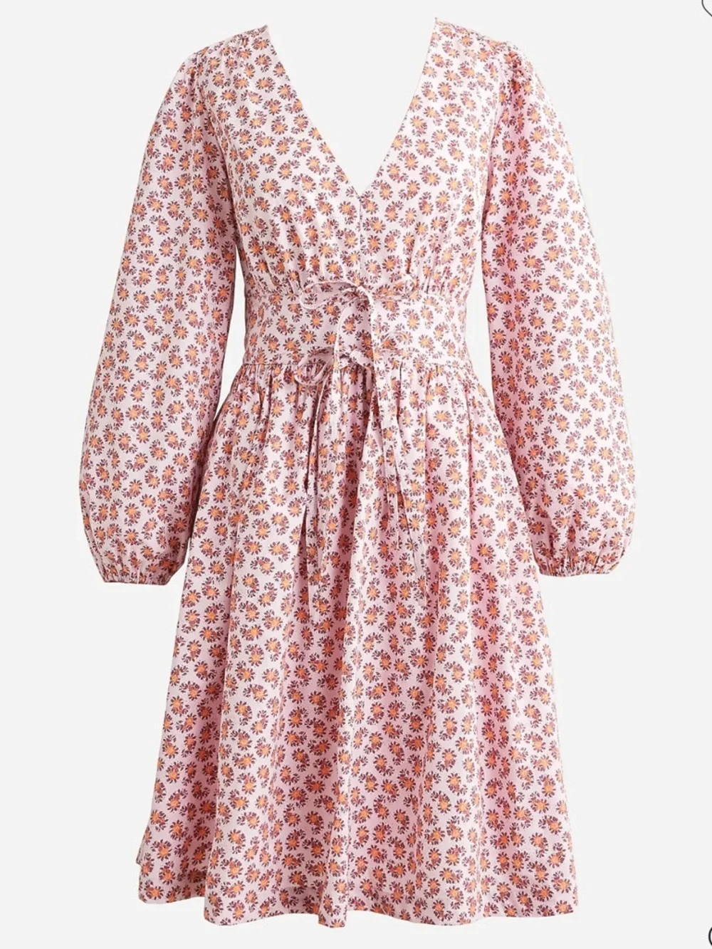 NEW J. Crew V Neck Pink Cotton Poplin Peony Paisley Mini Dress